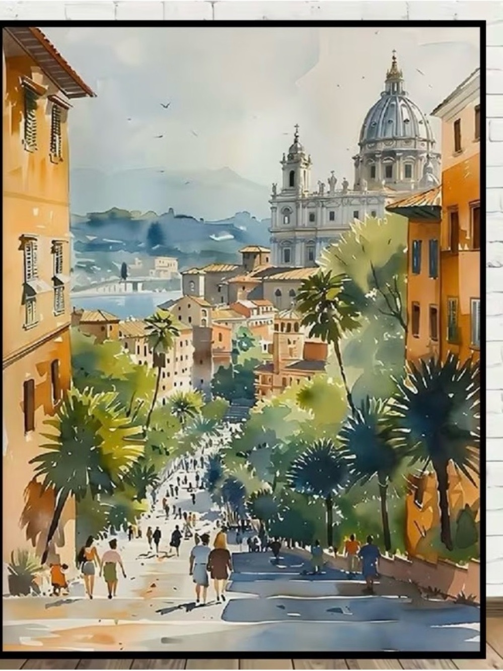 Watercolor Cityscape Wall Art - Orange & Green Landscape Print